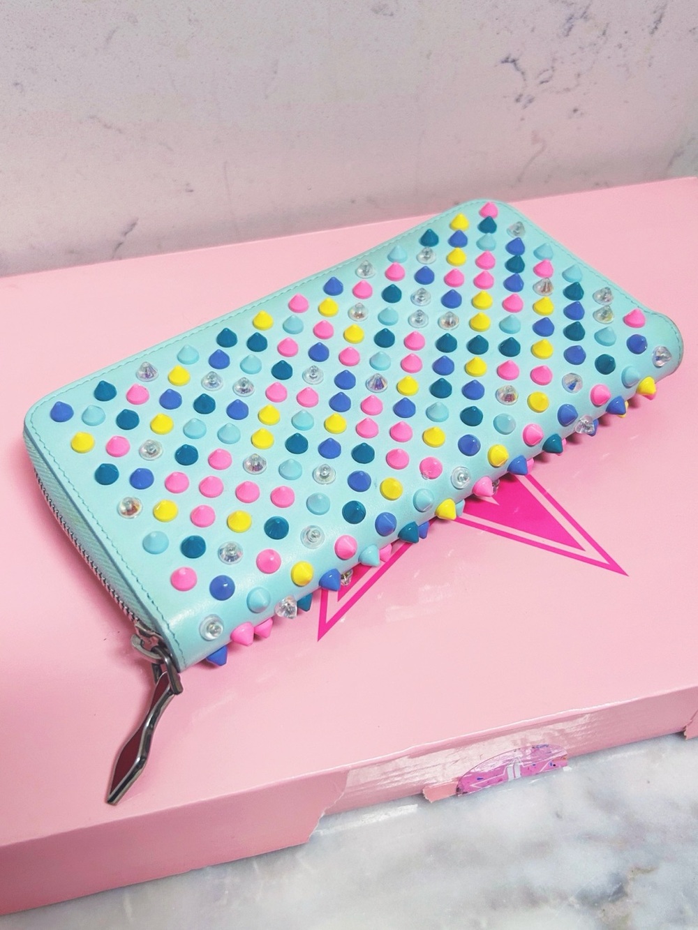 Authentic Christian Louboutin RARE Pastel Panettone Spike Continental Zip Wallet - Picture 9 of 13